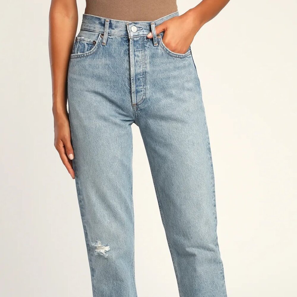 90s Pinch Waist Light Wash Distressed Denim Straight Jeans